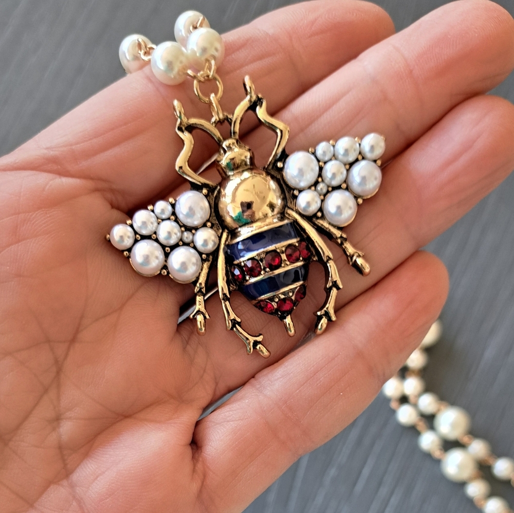Neckl.Gucci Style Pearl & Bee Pendant, New